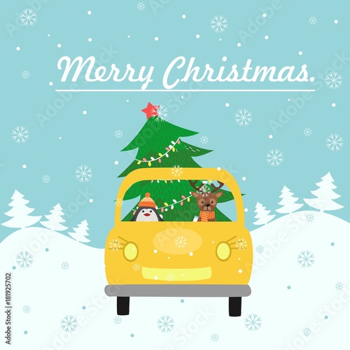 Wallpaper Mural Merry Christmas card. The yellow car gives a Christmas tree to decorate the house. Colorful vector illustration for the winter holidays. You can use for small and medium enterprises Christmas cards. Torontodigital.ca