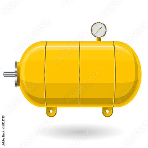 Yellow pressure vessel for water, gas, air. Pressure tank for storage of material, water. Valves, measuring unit, handles. Flatten icon illustration.