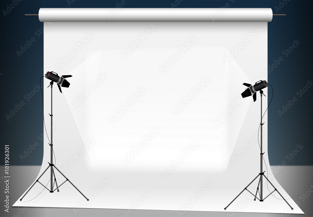 Photo studio with a light and blank background. Lighting with two studio flashlights. Supports for photographic equipment. Copy space. - obrazy, fototapety, plakaty 