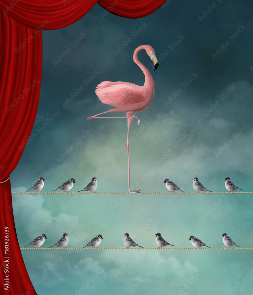 Stand out from the crowd - Flamingo nd sparrows in a surreal stage - obrazy, fototapety, plakaty 