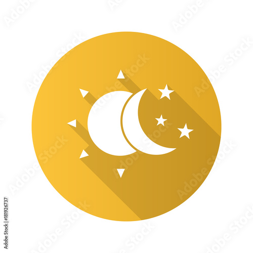 Sun and moon with stars flat design long shadow glyph icon