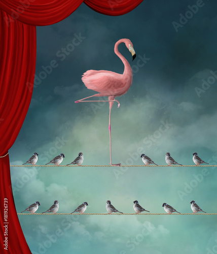 Cuadro en lienzo Stand out from the crowd - Flamingo nd sparrows in a surreal stage