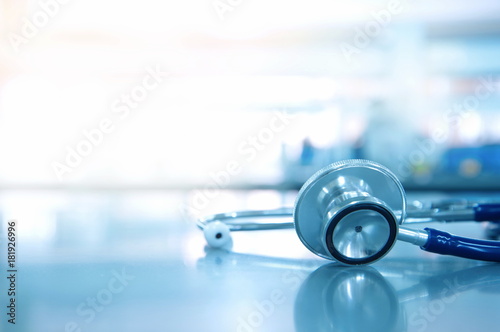 stethoscope for doctor checkup on health medical laboratory table background photo
