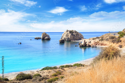 Beautiful view of the birthplace of Aphrodite in Cyprus. Petra tu Romiou, Stone of Aphrodite