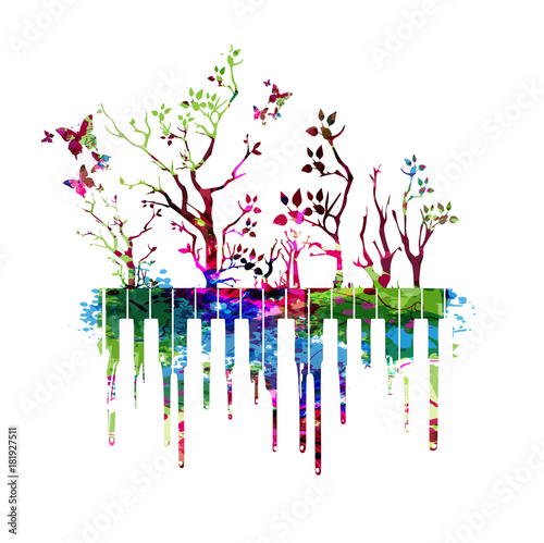 Music colorful design with piano keys. Music instrument vector illustration. Piano keyboard instrument background with trees