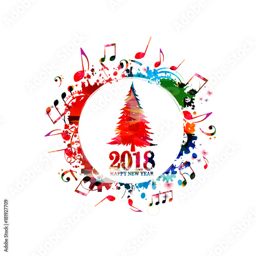 Christmas tree vector illustration with music notes. Happy New Year 2018 inscription with colorful christmas tree design background