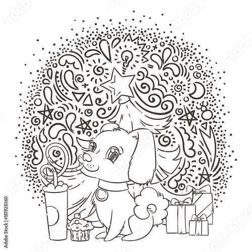 Golden dog drinks coffee or milk shake. Hand drawn illustration for New Year t-shirt  poster  postcard on patterned background