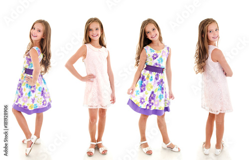 Collection of photos adorable smiling little girl child in princess dress isolated