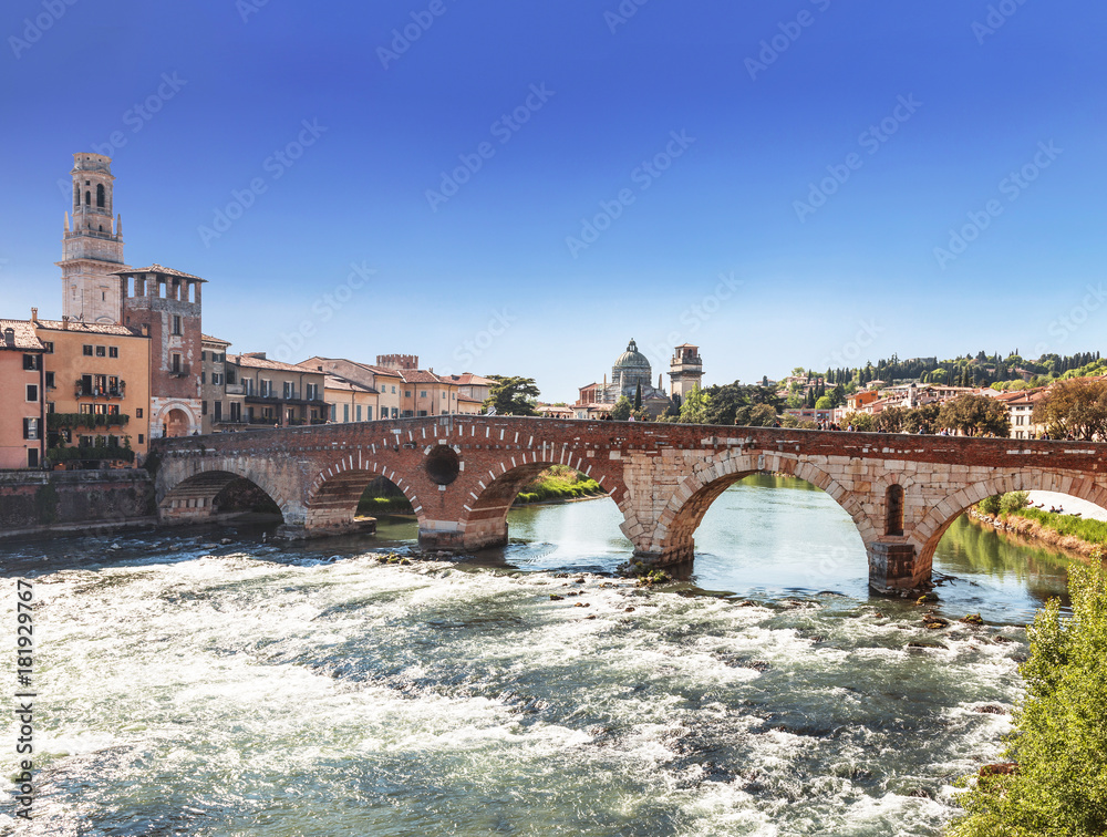 The Ponte Pietra across the Adige River in Verona, Italy