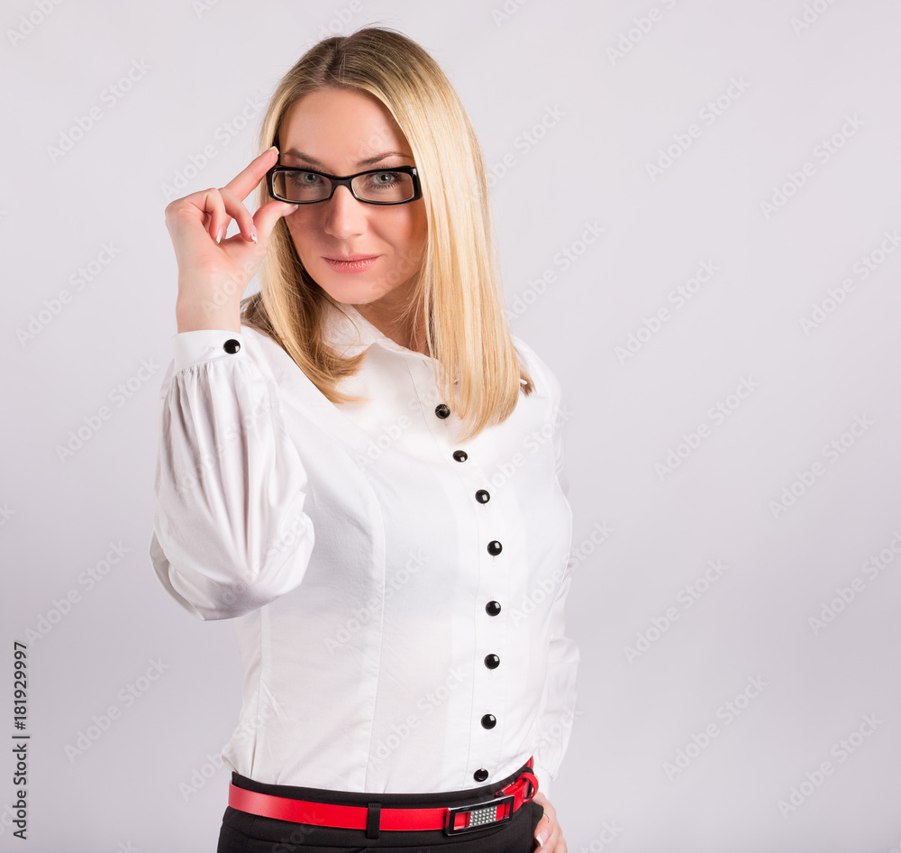 Business woman blue suit dressed standing against white background. Copy space.
