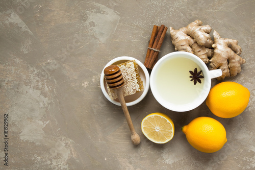 Ginger tea and ingredients. Winter drink. Cure for cold.