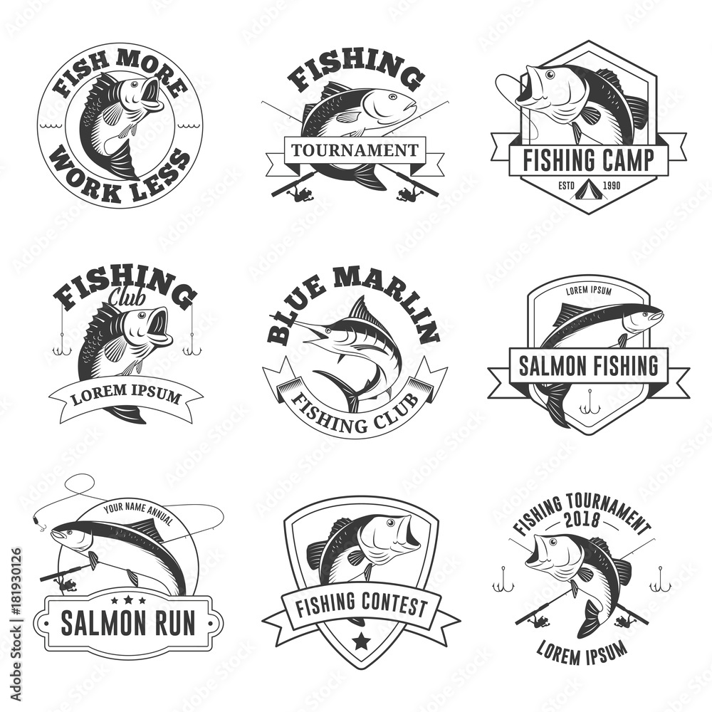 Set of vintage fishing badges, labels, emblems, logo, stickers isolated on  white background Stock Vector