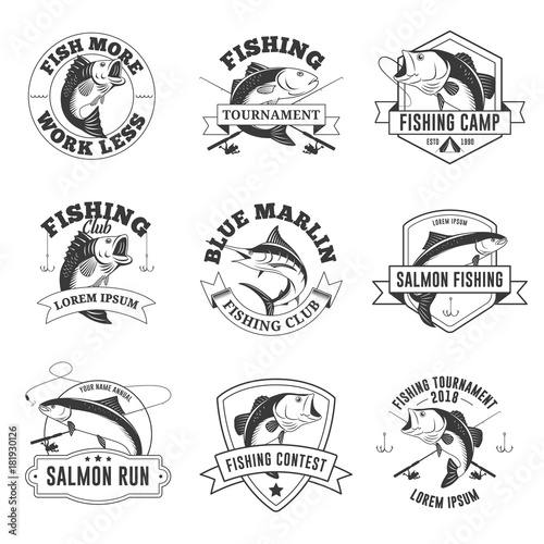 Set of vintage fishing badges, labels, emblems, logo, stickers isolated on white background
