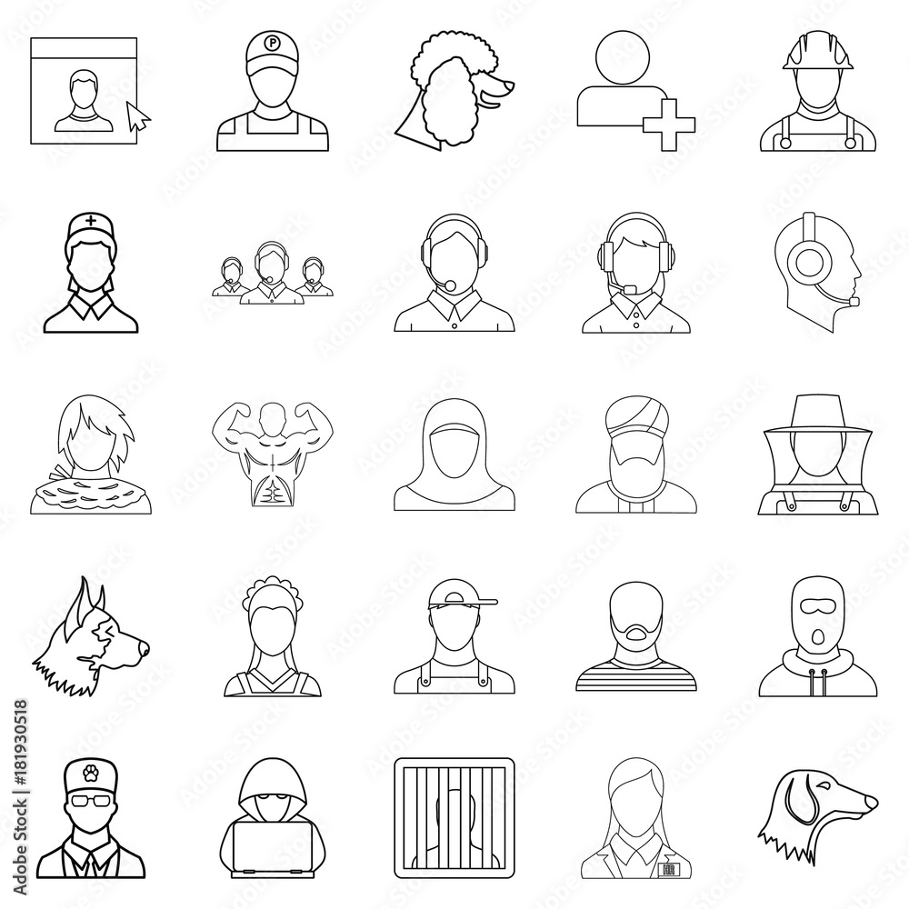 Character icons set, outline style Character icons set, outline style