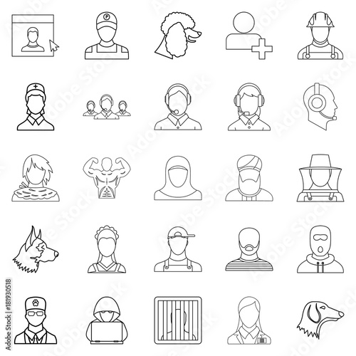 Character icons set, outline style