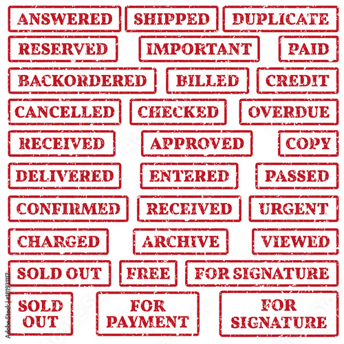 A set of rubber stamps on a office work themes: paid, urgent, passed, free, sold out etc.