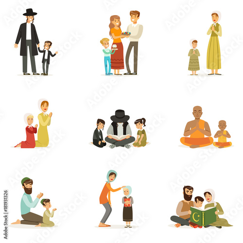 Vector flat people characters of different religions set. Jews, Catholics, Muslims, Buddhists. Families in national costumes that pray, read holy books, celebrate holidays.