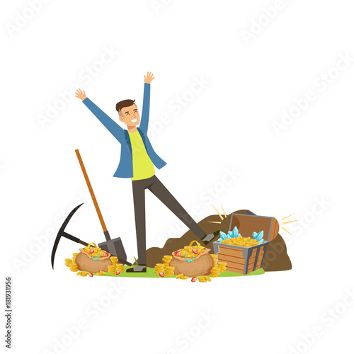 Happy man near pile of treasures