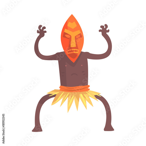 Black skinned man in tribal mask stands with hands up