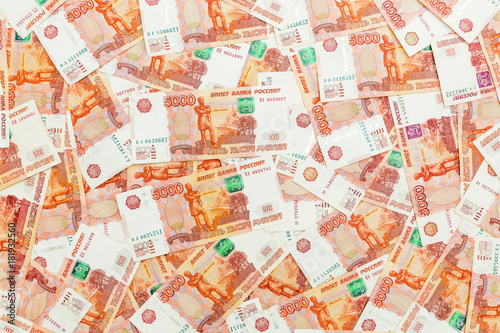 Russian money, paper banknote. Financial concept. Flat lay, top view