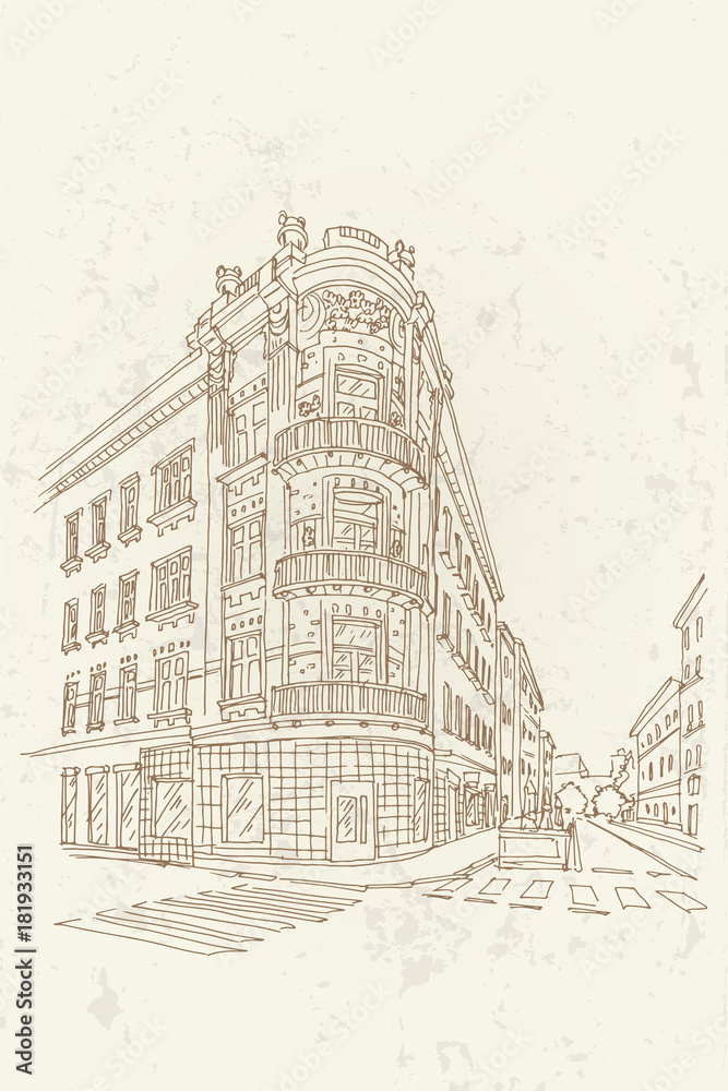 Fototapeta premium Hand drawn ink line sketch of european street