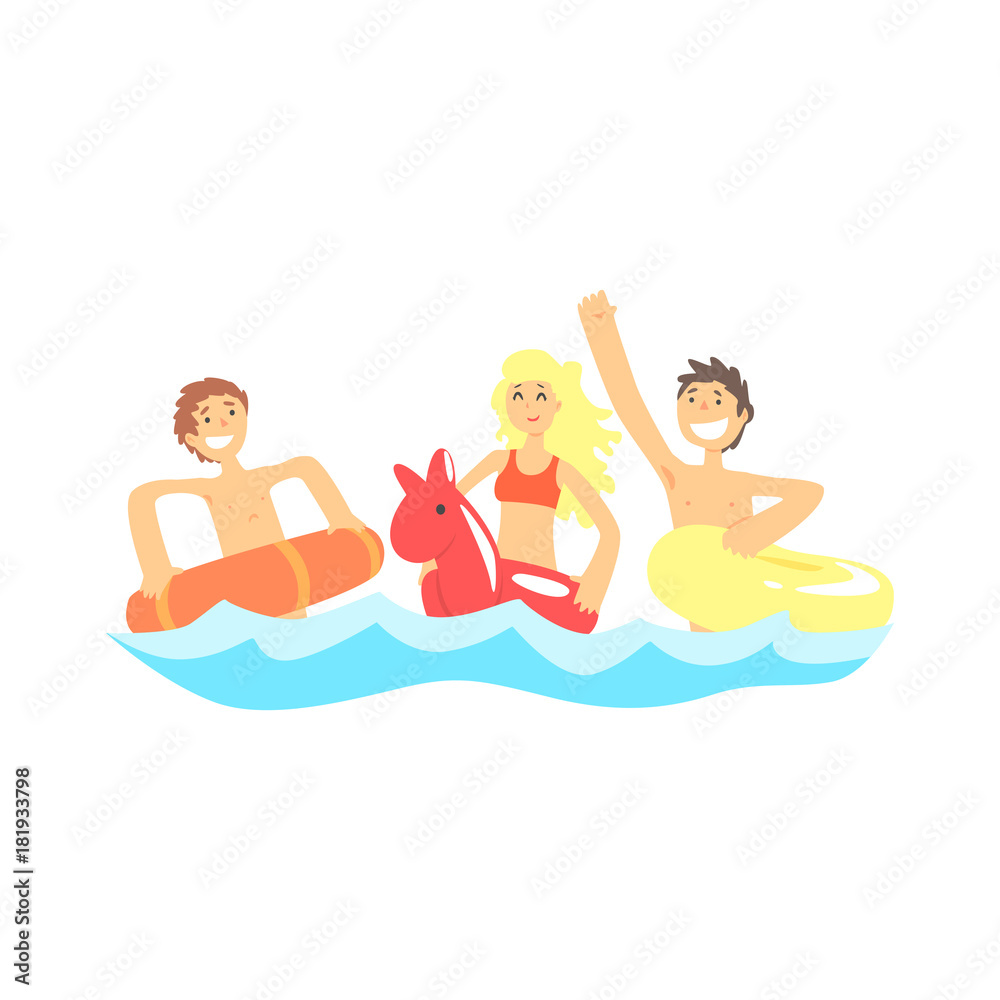 Happy three friends have fun with swim rubber rings in the sea Happy three friends have fun with swim rubber rings in the sea