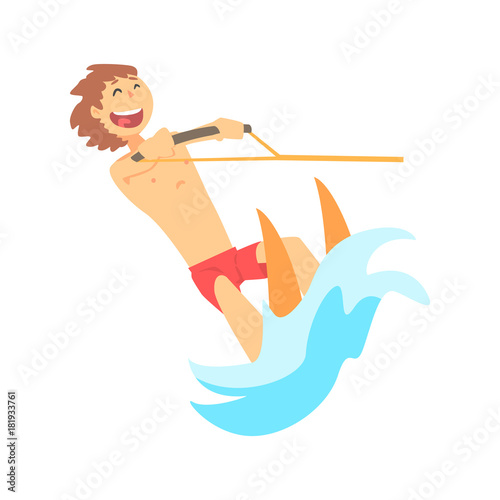 Cartoon character of young cheerful man riding water skis on waves