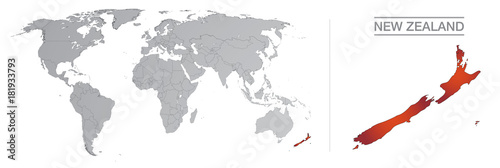 New Zealand in the world, with borders and all the countries of the world separated 