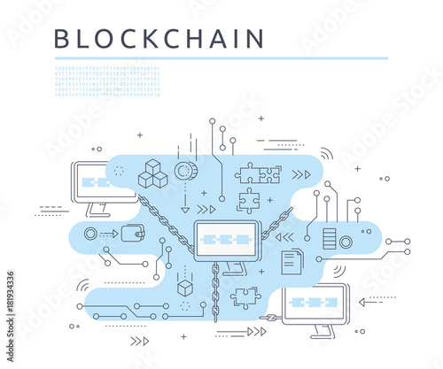 Blockchain technologie process abstract illustration in thin line style. Cryptocurrency vector concept.