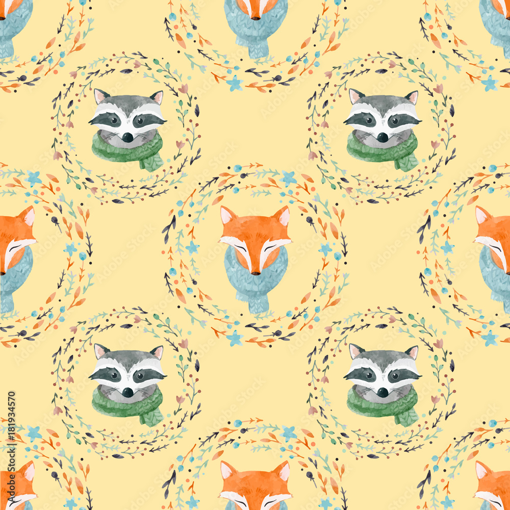 Obraz premium Watercolor cute animal vector pattern