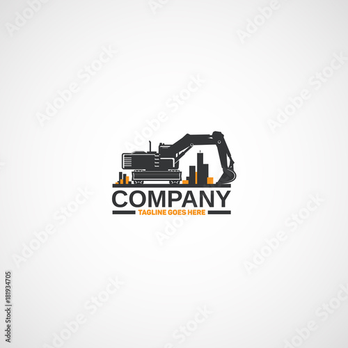 Vector wheeled excavator and buildings.