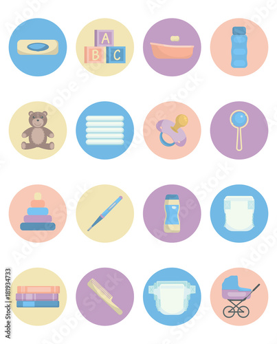 Set of baby items in pastel colors. Baby care supplies. Vector illustration