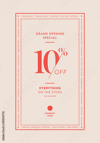 Opening Discount Table Tent Card, Poster, Flyer. Design Template for Cafe, Restaurant, Shop, Store. 10% Off.