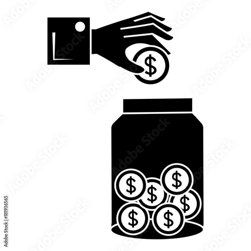 hand saver with glass jar and coins money vector illustration design