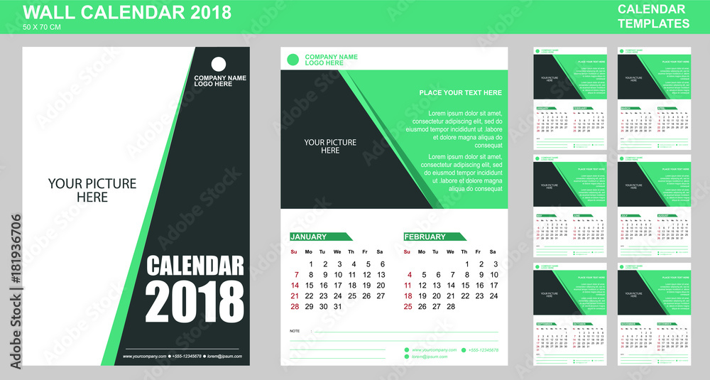 Wall calendar vector template for 2018 with place for your picture and text  every page. 2 Months per page Stock Vector | Adobe Stock