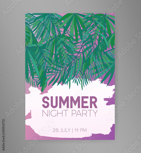 Summer night party flyer or invitation template with hanging green tropical p...