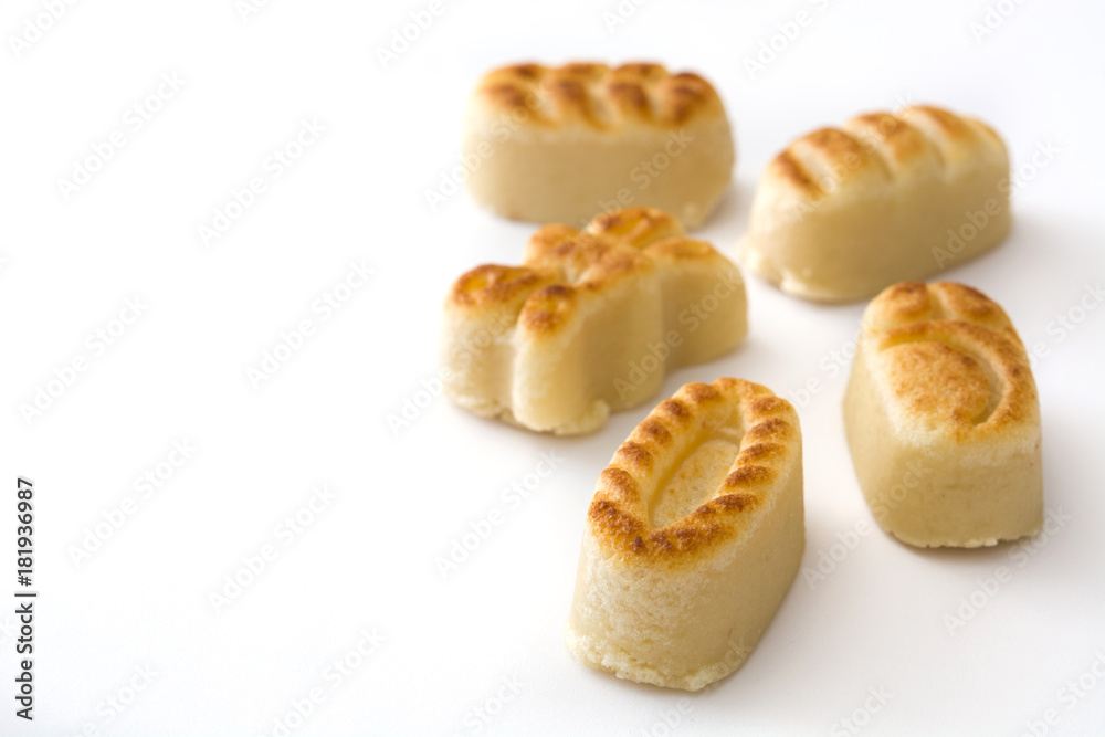 Christmas marzipan sweets isolated on white background. Typical spanish christmas dessert