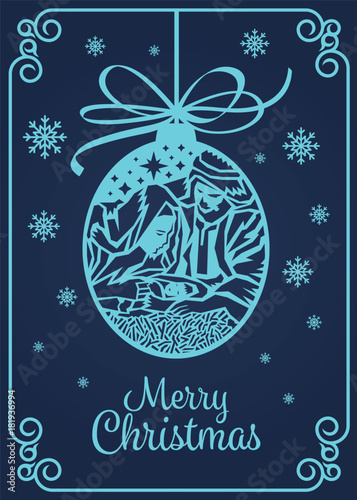 Merry Christmas banner card with  paper cut art mary and joseph in a manger with baby Jesus in Christmas Ball and snow sing vector design