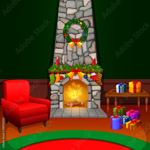 Christmas living room with a tree and fireplace