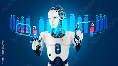 The robot with artificial intelligence fired a human from work. Robots replacing human workers on industry. The human lost his job to a robot. Automation industry. Robots replacing mankind. Future con