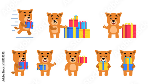 Set of funny yellow puppy characters posing with gift box in different situations. Cheerful dog pup holding gift box, running and showing other actions. Flat style vector illustration