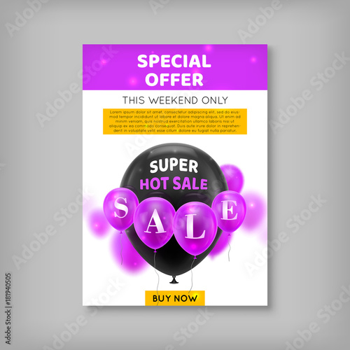 Poster balls, special offer. Black gasbags on a white background surrounded by pink ones, inscription super hot sale. Vector illustration of profitable transaction, black Friday, advertising, concept