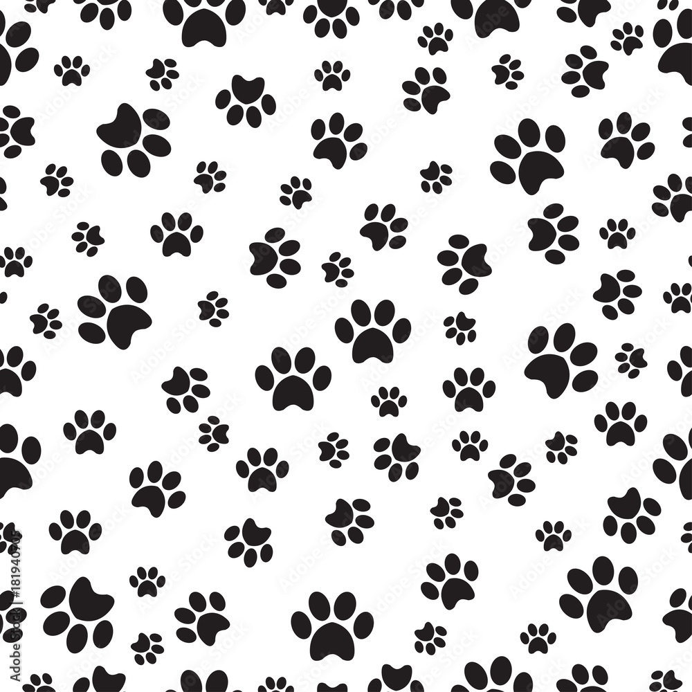 Fototapeta premium Paw print seamless pattern on a white background. Vector illustration