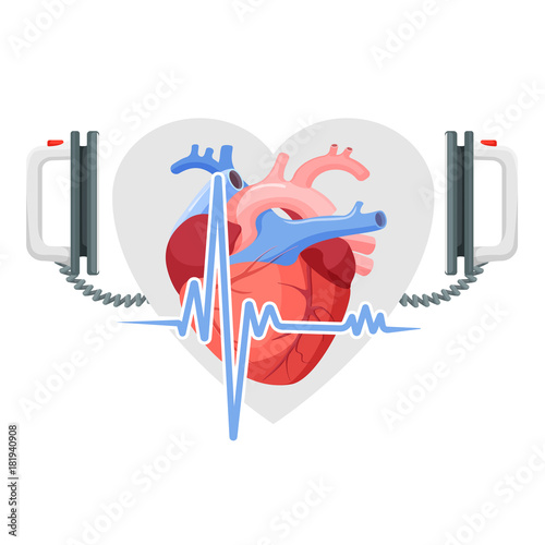 Human heart, modern defibrillator and piece of cordiagram