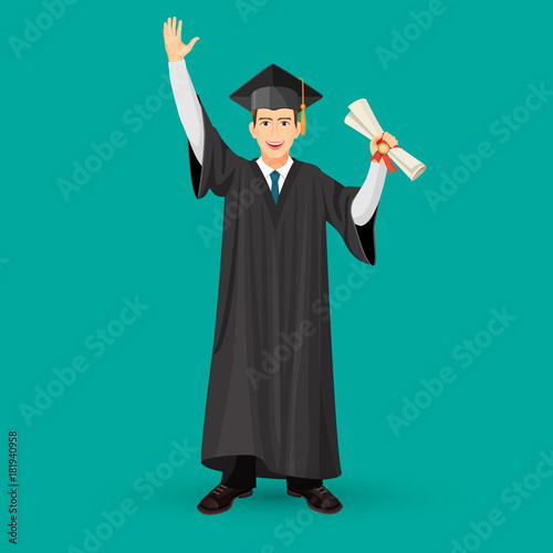 Degree graduate student in mantle gown holds graduation scroll