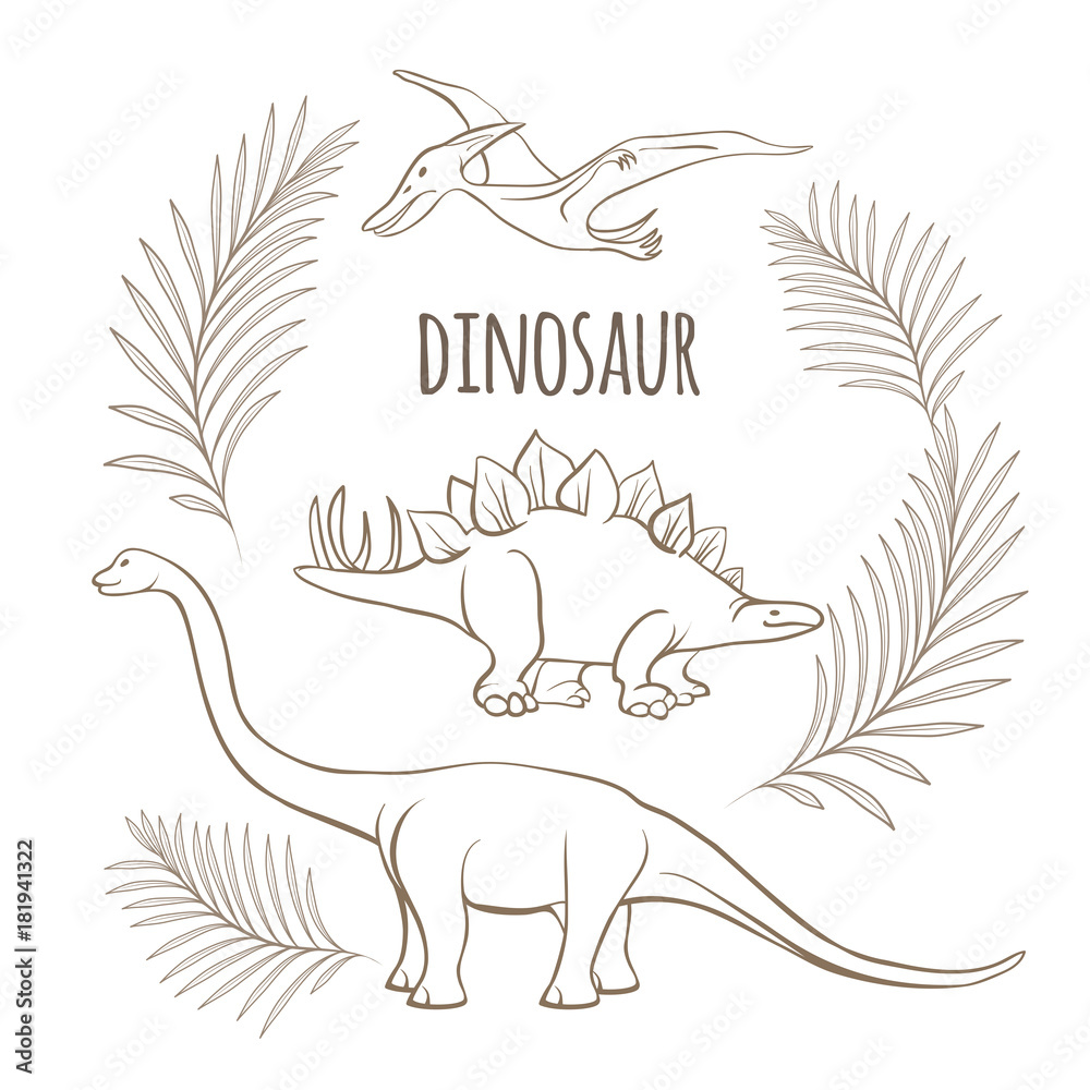 Obraz premium Ancient dinosaurs and palm branches monochrome outline sketch