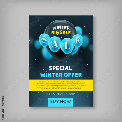 Flyer black Friday balls. Black gasbag belted with blue ones and inscription special winter offer, black background. Promotional paper for discounts during the seasonal fair, vector illustration