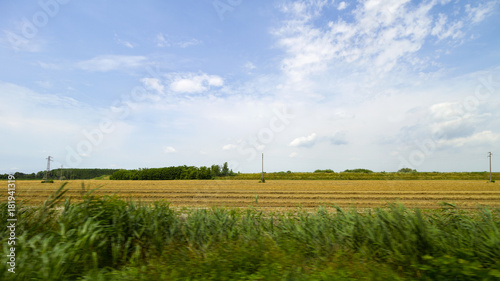 Idyllic and scenic countryside landscape - field  forest and sky with clouds - tourism  travel  vacation  background  copy space. Photographed in motion.