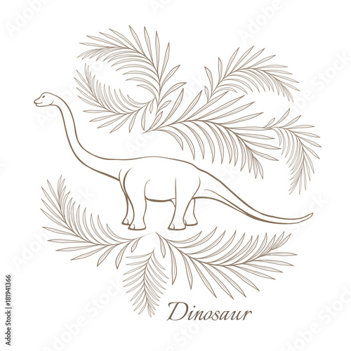 Huge herbivorous dinosaur surrounded with palm branches sketch