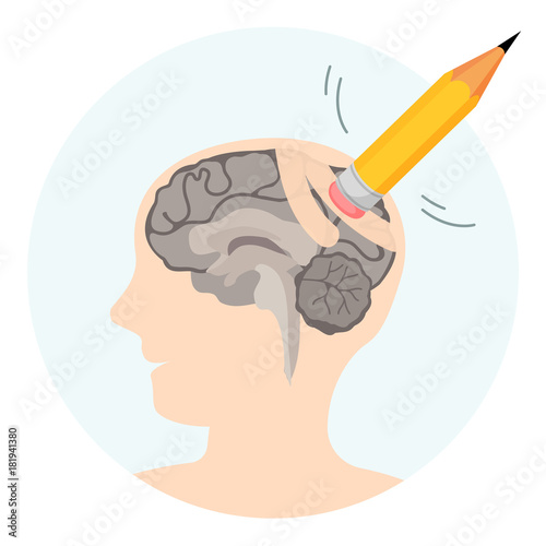 Brain damage abstract illustration with human profile and erasor photo